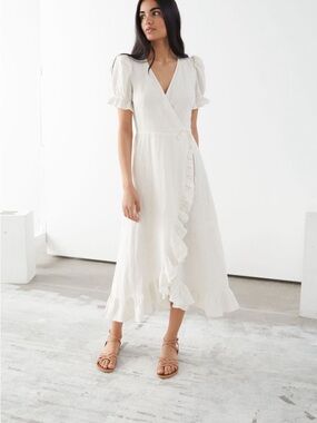 & Other Stories 100% Linen Wrap Midi Dress with Ruffle Trim